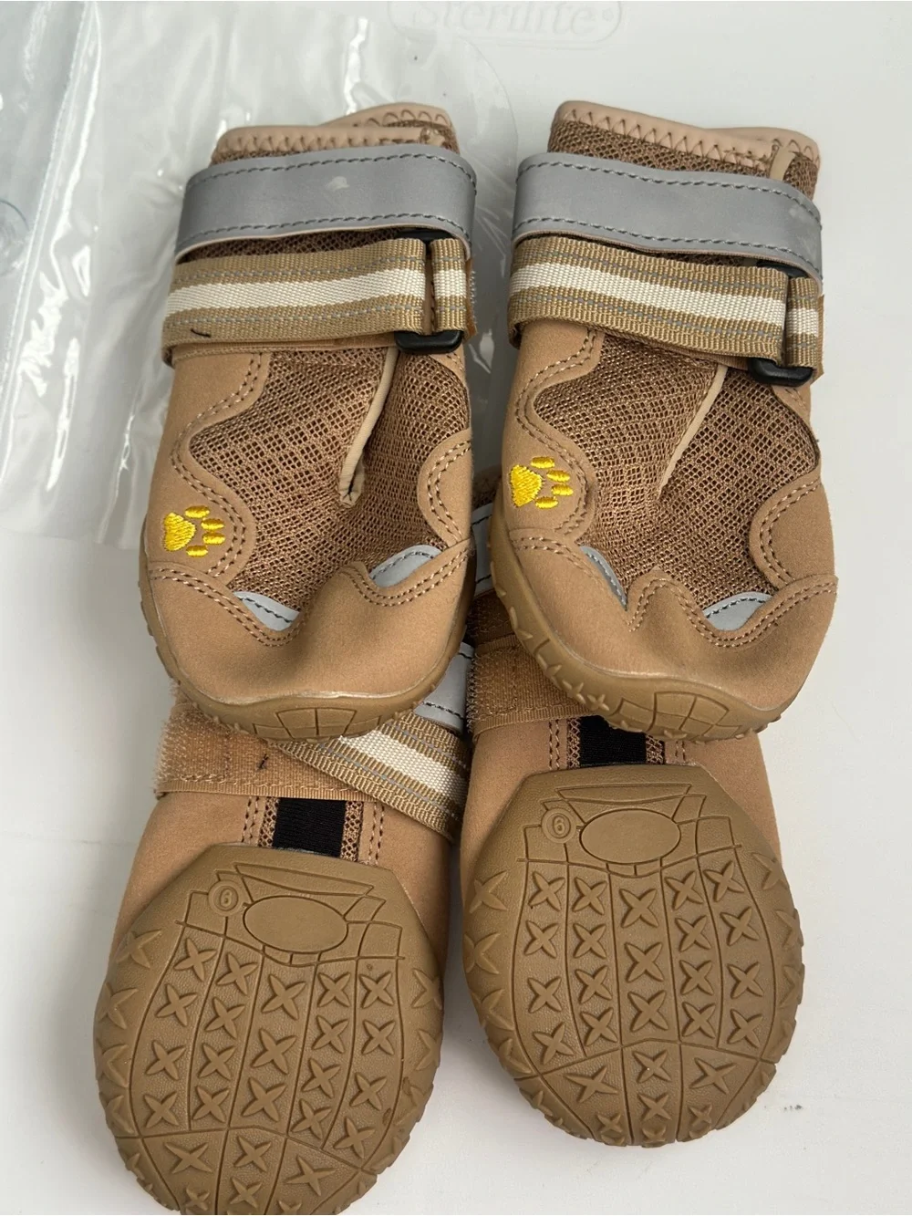 Tan Reflective Strap Dog Boots - Paw Print Detail